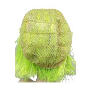 Lime green short wig cap detail, breathable mesh inner structure with shiny tinsel fibers.