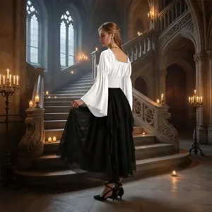 Détail de chemisier renaissance, haut blanc vintage et jupe noire mettant en valeur le style.