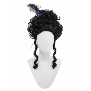 Detailed view of the black vintage baroque costume wig with feather and butterfly decor.