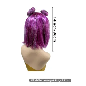 Purple tinsel short bob wig with space buns detail showing length and hair texture for cosplay.