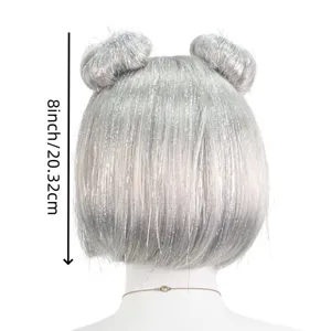 Silver tinsel space buns wig length detail, 8 inch short bob hairpiece rear view.