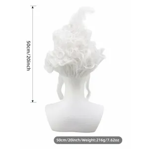 White Baroque court wig with feather, 50cm tall and 216g weight for costume party.