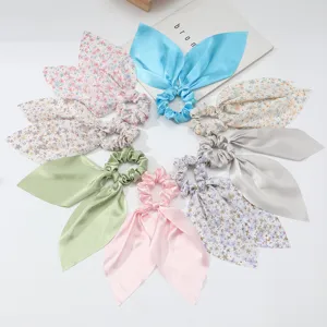 French Style Floral Ribbon Hair Scrunchie Women Elegant Bow Ponytail Holder Satin Fabric Hair Rope Hair Accessories