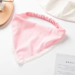 Pink satin hair band detail, triangle headscarf with white lace trim, elastic back design.