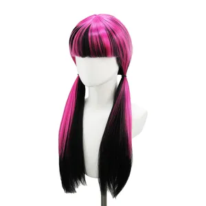 Long black and pink pigtail straight wig for cosplay party and daily wear synthetic hair