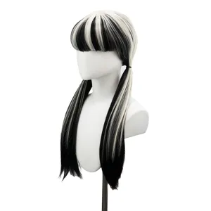 Black and white highlighted long straight pigtail wig main view fashion hair styling display