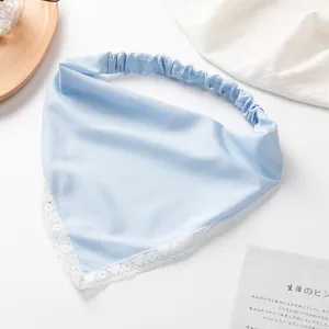 Blue satin triangle hair scarf with white lace trim and elastic band for women fashion.