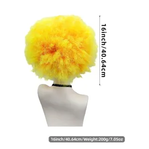 Vibrant yellow afro curly wig for cosplay party and carnival. Fluffy and bold hair styling piece.