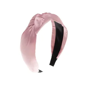 Pink satin knotted headband for women, wide hair hoop for daily wear and face washing.