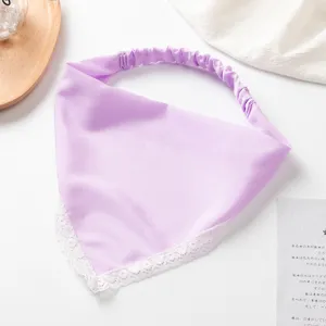 Solid color satin hair band with white lace trim, stretchy elastic triangle headscarf for women.
