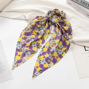 Chouchou à fleurs avec longs rubans, bande de cheveux en tissu style français pour femmes filles.