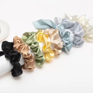 Satin scrunchies with long ribbons, cute bunny ear hair ties in various solid colors for women details.