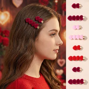 Valentine's red pink velvet heart hair clips cute duckbill side clips for women daily wear