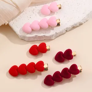 Flocked heart duckbill hair clip set, sweet pink and red side hair accessories for women.