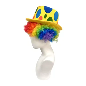Halloween clown hat with rainbow curly afro wig, colorful polka dot top hat for party cosplay.
