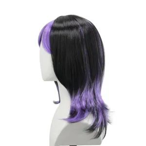 Black purple gradient wolf tail cosplay wig with side bangs for gothic Halloween.