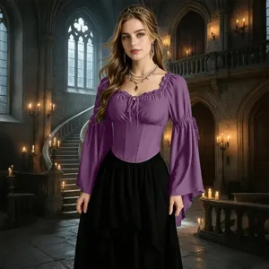 Vue détaillée du haut corset violet de style renaissance médiévale avec de longs bras.