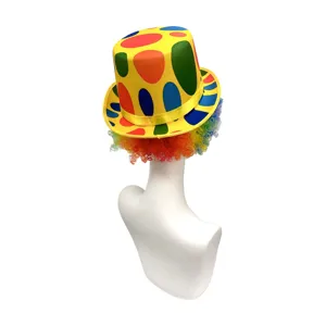 Colorful clown top hat with rainbow afro wig for Halloween party, carnival, and festive dress up.