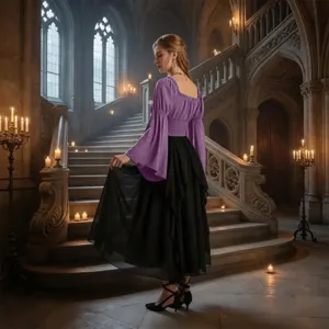 Vue de détail du haut corset et de la jupe de style renaissance dans un décor de château.