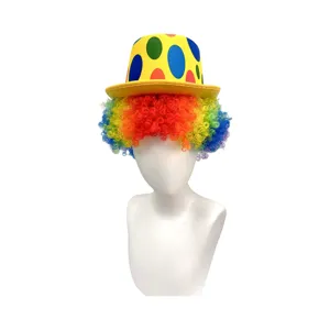 Halloween clown rainbow afro wig with polka dot top hat for kids adults party cosplay show