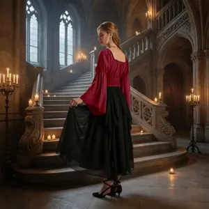 Blouse paysanne femme style Renaissance rouge manches évasées taille froncée chic