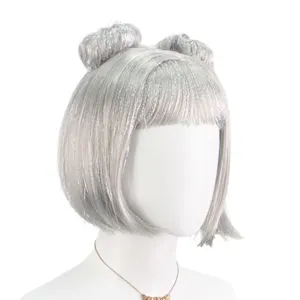 Silver glitter short bob wig with double buns and bangs for cosplay party and events.