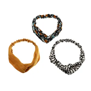Women 3-piece wide cross headband set, satin silk elastic hair bands for stylish daily use.