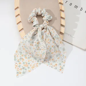 French style floral print hair scrunchie with long ribbon elegant tail hair tie rope.