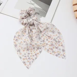French style floral print hair scrunchie with long streamer bows for women ponytail styling.