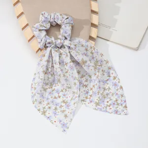 French floral hair scrunchie with long ribbons elegant ponytail holder hair accessory for women
