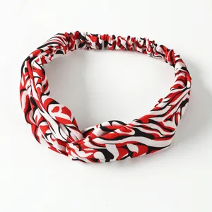 Red black white abstract print twisted elastic headband, soft hair band for daily makeup yoga.