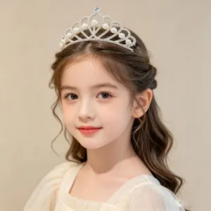 Children Crystal Tiara Crown Comb Hair Accessories Metal Rhinestone Artificial Pearl Princess Birthday Party Headwear
