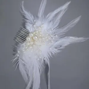 Handcrafted bridal feather hair comb with faux pearls elegant white hair accessories detail view