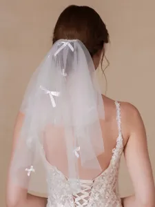 Korean style double layer white wedding veil with cute small bows bridal hair accessory prop