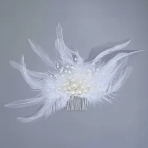 Bridal feather pearl hair comb wedding accessory elegant white hairpiece for women
