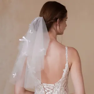 Korean double layer white bridal veil with cute little bows wedding hair accessories