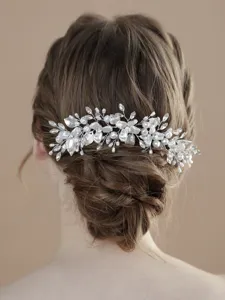 Bridal silver hair vine with pearls and crystals, perfect wedding headpiece for updo.