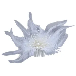 Elegant bridal feather hair comb with faux pearls, perfect for wedding party accessories.