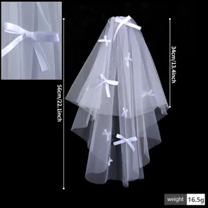 Korean style double layer white bridal veil with cute bow knots for wedding photography props.