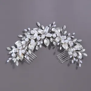 Bridal Hair Accessories Silver Floral Wedding Headpiece Handmade Rhinestone Artificial Pearl Hair Comb For Women Jewelry