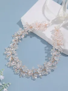 Bridal hair vine crystal pearl headband wedding hair accessory for women white ribbon detail