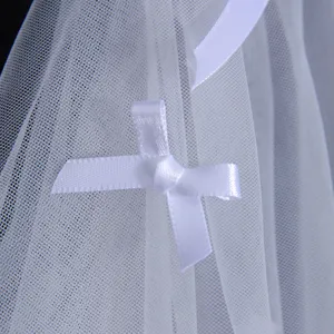 Korean style double layer white wedding veil with small ribbon bow soft tulle hair accessory detail