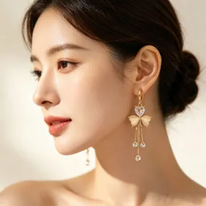 Minimalist Copper Clover Tassel Earrings With Rhinestone Gold Plated Long Dangle Earrings For Women Fashion Jewelry