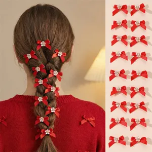 Chic red bow hair clip set with elegant pearl flower detail for festive daily styling