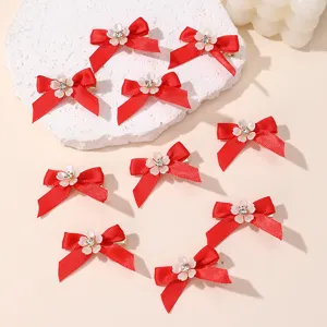 Red bow hair clips set with crystal cherry flowers, sweet duckbill hair accessories for women.