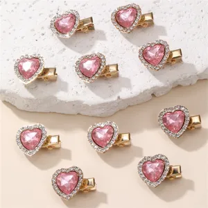 Pink heart rhinestone duckbill hair clips set, shiny crystal side pins for women daily styling.