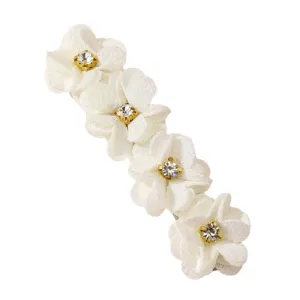Élégante pince à cheveux fleur en tissu blanc avec strass étincelants pour femmes.