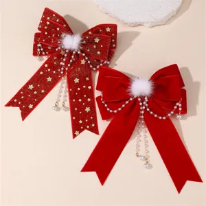Rode fluwelen strik haarspeld met parels en bontbal, elegante haaraccessoires voor dames.