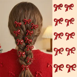 Women's New Year Red Bowknot Hair Clip Set Cute Polka Dot Floral Duckbill Hairpins Fashion Hair Accessories