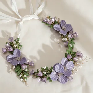 Korean bridal purple flower hairband detail, elegant acrylic floral headband with white ribbon.
